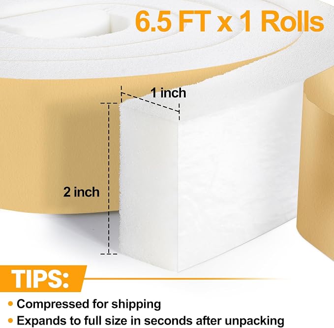 High Density Foam Tape Air Conditioner Window Seal, 2x1 Inch Thick Foam Stripe with Adhesive for Window AC Insulation, Weather Stripping for Doors and Windows Insulation, AC Foam Tape, White