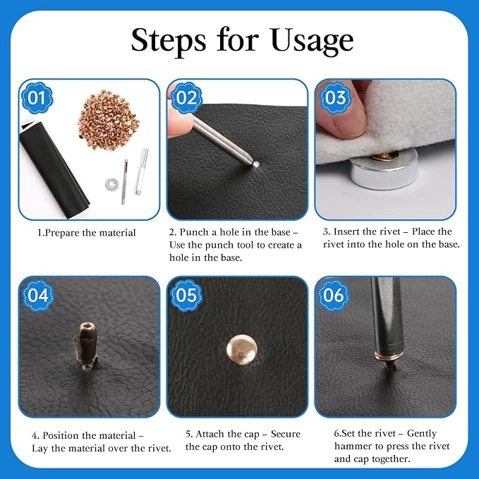 100 Sets Leather Rivets 10x10mm Double Cap Rivets Snaps Metal Studs Fasteners with 3pcs Setting Tools for Leather Craft DIY Repair Decoration, Light Gold Tone