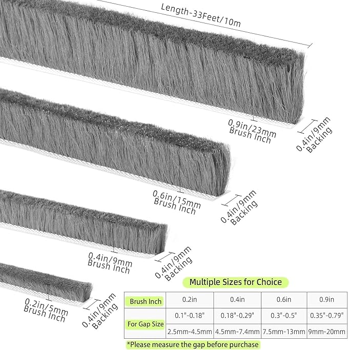 ZOMPAGO Brush Weather Stripping 0.2in(T) x 0.4in(W) x 33FT Grey Door Seal Strip for Door Frame, Sliding Glass Door Draft Stopper Window Soundproofing Bristle Door Sweep Weatherstripping