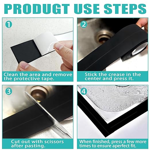 Black Caulk Tape 3 Pack, Bathroom Caulking Silicone Waterproof for Shower, Bathtub, Toilet Seal, Sink Edge Protector Kitchen Tape, Self-Adhesive Peel and Stick Removable Caulk Strip