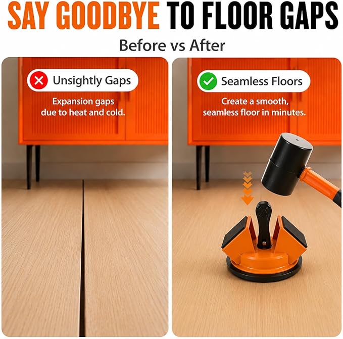 Floor Gap Repair Tool Kit for Laminate & Vinyl Flooring – Heavy Duty Suction Cup Floor Gap Fixer with 45° Striking Surface, Slot Cutter, Cleaning Scraper & 6 Sticky Pads for Easy Floor Repair