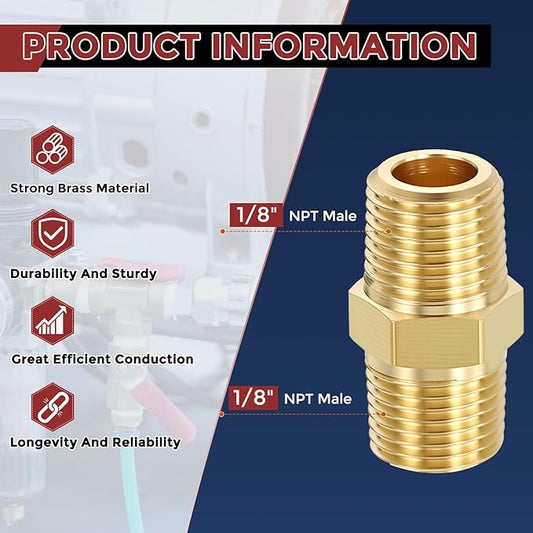 Pack of 10, 1/8" NPT Male to 1/8" NPT Male Solid Brass Hex Nipple Hose Connectors, Male Pipe Adapter for Pipe Leak Repair, Bathroom Remodeling, Tool Extensions, Compression