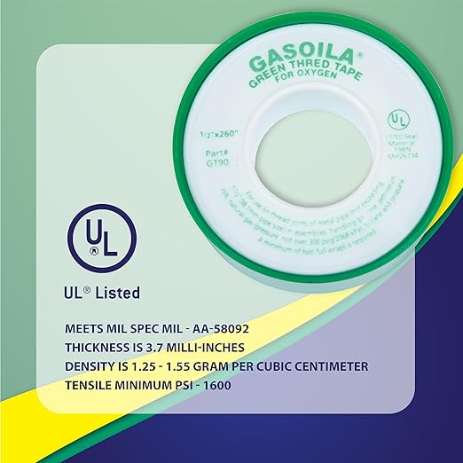 Gasoila Green PTFE Thread Seal Tape – Professional-Grade High-Density Thread Tape for Oxygen Lines – Leak-Proof Seal, Non-Toxic (1/2 Inch x 260 Inch Roll)