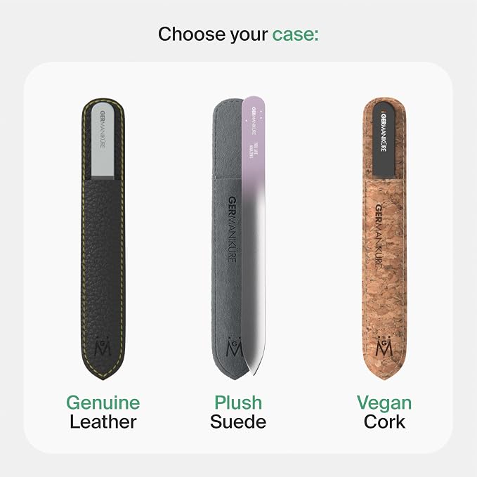 GERMANIKURE Czech Crystal Gray Glass Nail File in Suede Leather Case - Small Travel Design - Professional Manicure & Pedicure Products for Smooth Easy Shaping of Natural Nails