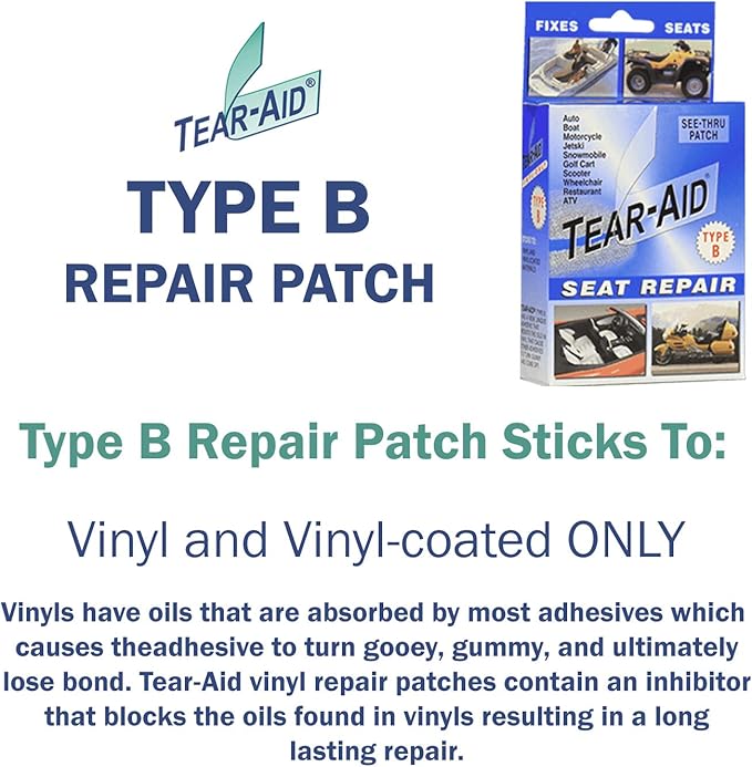 Tear-Aid Vinyl Seat Repair Kit, Type B Clear Patch for Vinyl and Vinyl-Coated Materials, Works On Cars, Motorcycles, Jetski, Boats & More, Blue Box