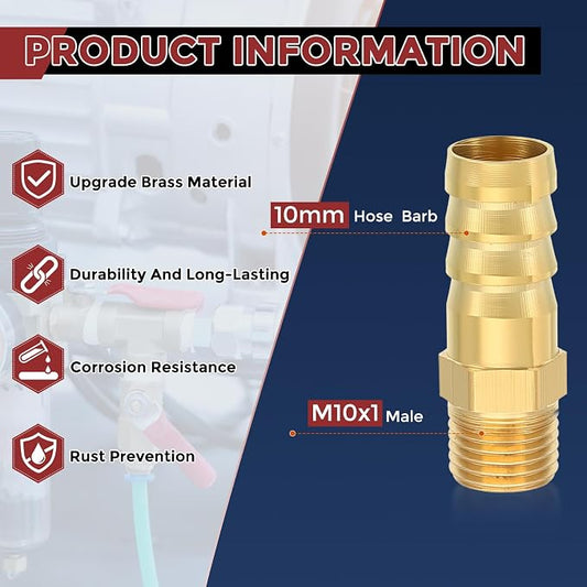 Pack of 2 Brass Hose Barb Fittings Adapter Connector 10mm Hose Barb to M10x1 Male Fittings for Home Machines, Massage Bathtubs, and Irrigation Systems