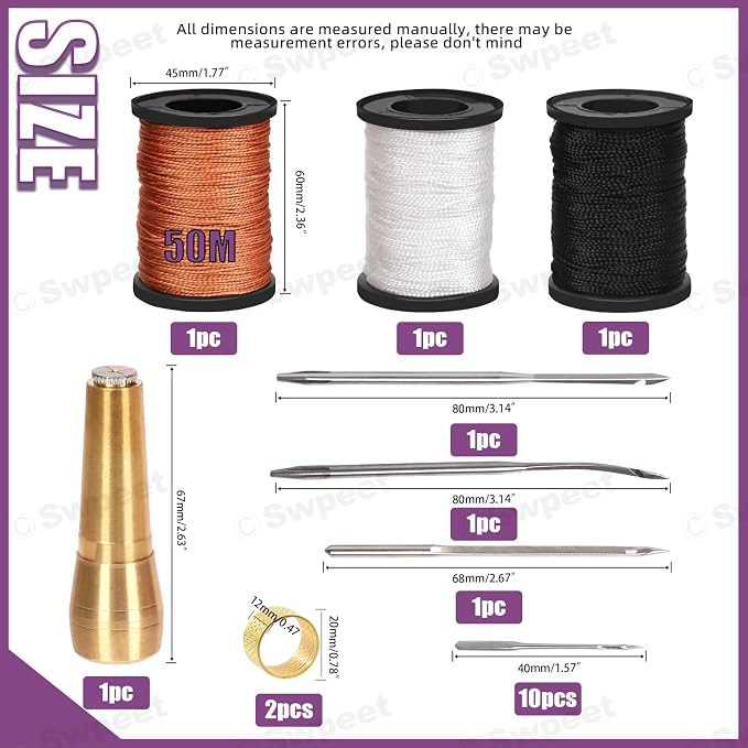 Swpeet 19Pcs Portable Canvas Leather Sewing Awl and Needle Kit With Nylon Waxed Cord Thread Thimble Assortment, Copper Handle Tools for Leather, Shoe and Repair