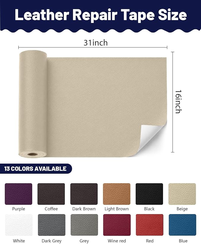 BOUYEER Leather Repair Patch Tape Kit,Self Adhesive Leather Repair for Sofa，Car Seat,Office Chair,Furniture,Jacket,Waterproof Strong Adhesive Vinyl Repair Kit. 16 in x 31 in,Light Beige