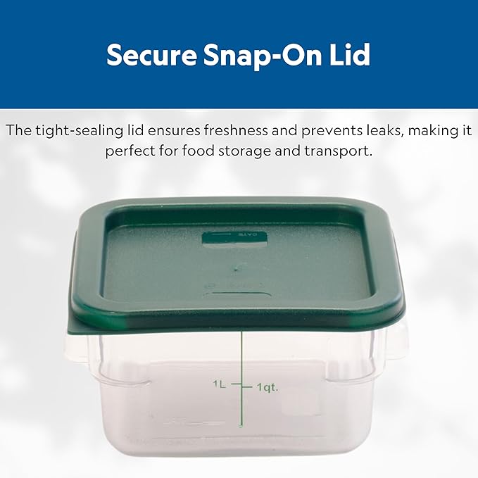 FSE Square Food Storage Container with Green Lid, 2 Quart, Polycarbonate, Reusable, Clear, NSF