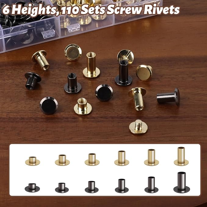 110 Sets Chicago Screws Leather Rivets Kit, 6 Sizes (M5*4,5,6,8,10,12) Assorted Binding Screws with Rubber Hammer & Full Installation Tools for On-the-Go Leather Craft, Bookbinding (Black & Gold)