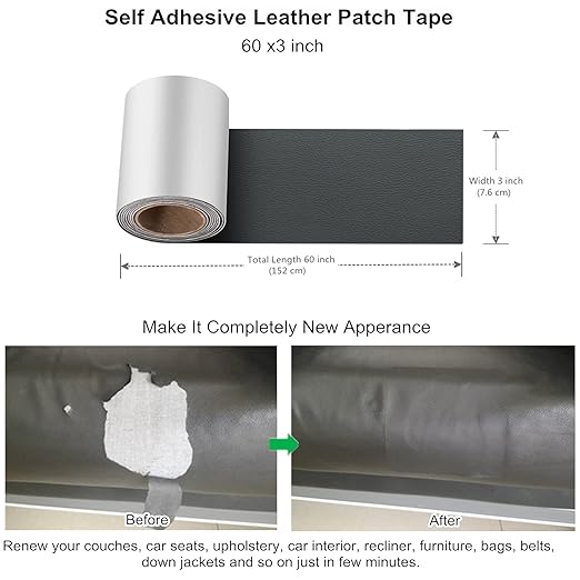 ILOFRI Self Adhesive Leather Repair Patch Tape 3x60 inch, Vinyl and Leather Repair Kit for Couches, Furniture, Car Seat, Boat Seat, Sofa, Vinyl Upholstery, Chair, Interior - Dark Grey #2