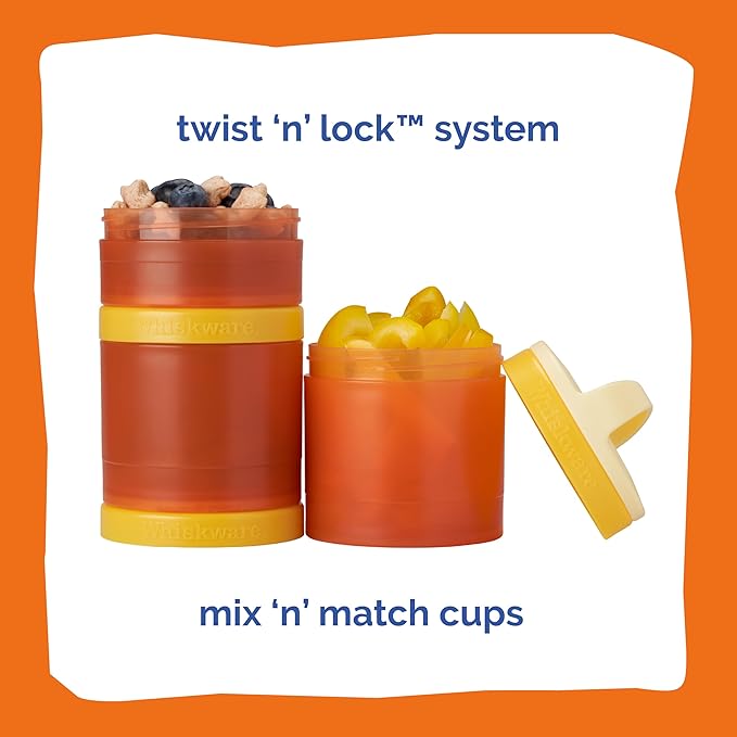 Whiskware Stackable Snack Containers for Kids and Toddlers, 3 Stackable Snack Cups for School and Travel, Tan/Yellow/Orange