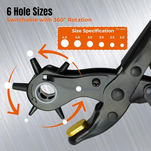 Adorox Heavy Duty Quality & Professional Design Revolving Hole Punch Pliers Kit – with Steel Ruler & File, Puncher with 6 Hole Sizes for Belts, Watch Straps, Saddles, Shoes & DIY Crafts