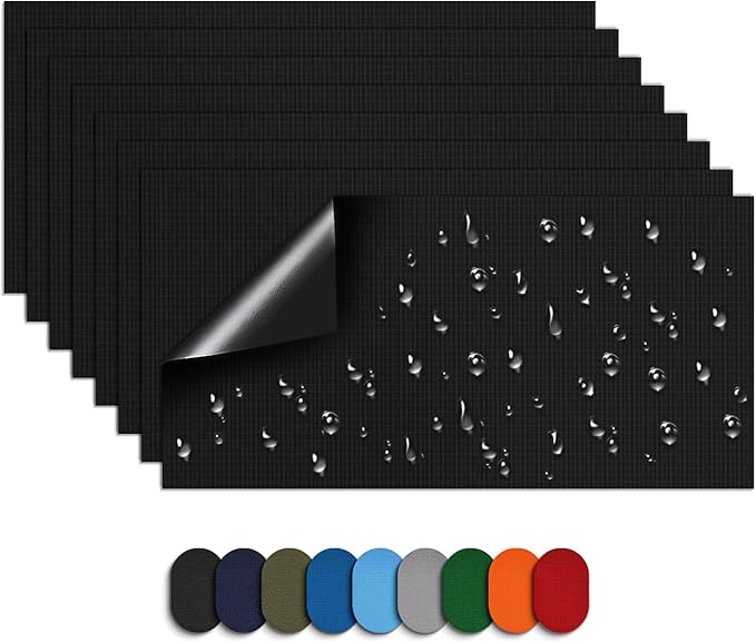 Self-Adhesive Nylon Patches Tent Repair Kit – Outdoor Gear Tenacious Repair Tape, Waterproof Fabric Patches for Clothes, Tent, Down Jacket, Backpack (8pcs, Black
