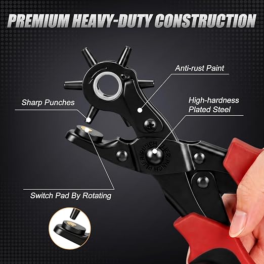 XZQTIVE 6 Sizes Heavy Duty Revolving Punch Plier Kit, Double Lever Labor-Saving Belt Hole Puncher Tool Set for Leather Repair, Watch Bands, Bag Straps, Dog Collars, Saddles, Shoes, Fabric, DIY Crafts