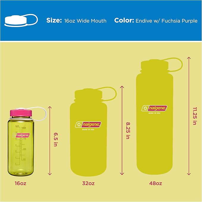 Nalgene 16 oz Wide Mouth Water Bottle | Slim Cup Holder Size, BPA-Free, Durable & Leak Proof Travel Bottle – Thrill & Motion, Endive w/Fuschia Purple