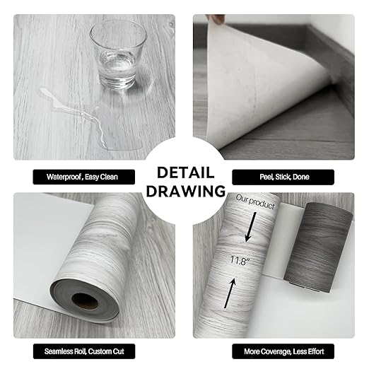 Wood Grain Peel and Stick Floor Tiles – 11.8” Width, Full Roll Length of 590" – Versatile Design for Any Space, Light Color Self Adhesive Vinyl Flooring, Waterproof and Non-Slip Features