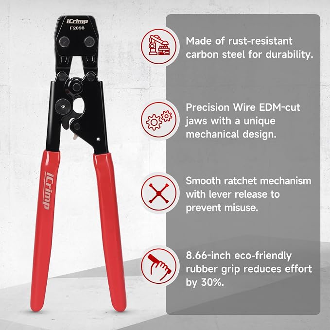 iCrimp PEX Pipe Clamp Crimping Tool Kit, Cinch Crimper Tool for Stainless Steel Clamps from 3/8-inch to 1-inch with 1/2-inch 20pcs SS PEX Clamps and 12pcs 1/2-inch Pex Fittings