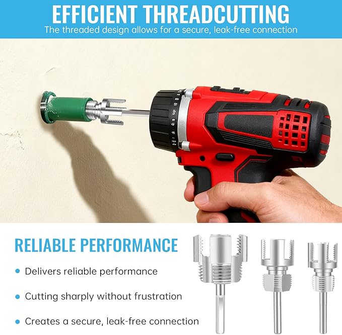 3PCS Integrated Internal & External Pipe Threader Tool for Electric Drill, NPT Thread Maker 1/2", 3/4", 1" with 2 Rolls PTFE Tape, PVC Plastic Pipe Threading Kit for Plumbing and Home Repairs