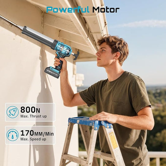 SEESII Cordless Caulking Gun, 21V Battery Powered Caulk Gun, Electric Caulking Gun w/2 x 2.0Ah Batteries, 9Pcs Caulk Remover Tool, LED Light, Auto Retract for Filling, Sealing