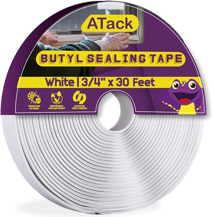 ATack White Butyl Seal Tape 1/8-Inch x 3/4-Inch x 30-Foot Leak Proof Putty Tape for RV Repair, Window, Boat Sealing, Glass and EDPM Rubber Roof Patching