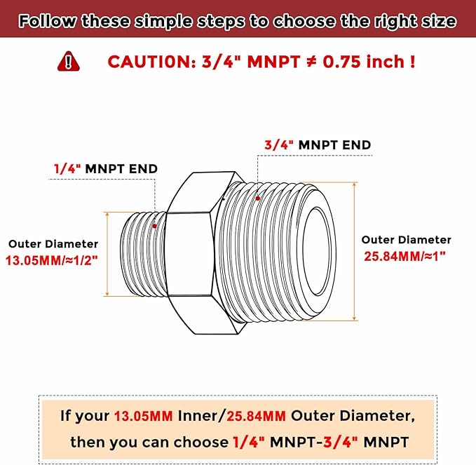 Pack of 3, 3/4" MNPT To 1/4" MNPT Solid Brass Hex Nipple Hose Connectors, Male Pipe Adapter for Pipe Leak Repair, Bathroom Remodeling, Tool Extension, Compression