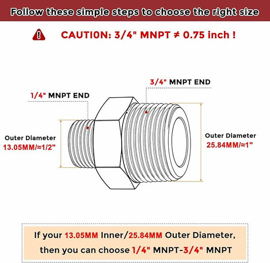 Pack of 3, 3/4" MNPT To 1/4" MNPT Solid Brass Hex Nipple Hose Connectors, Male Pipe Adapter for Pipe Leak Repair, Bathroom Remodeling, Tool Extension, Compression