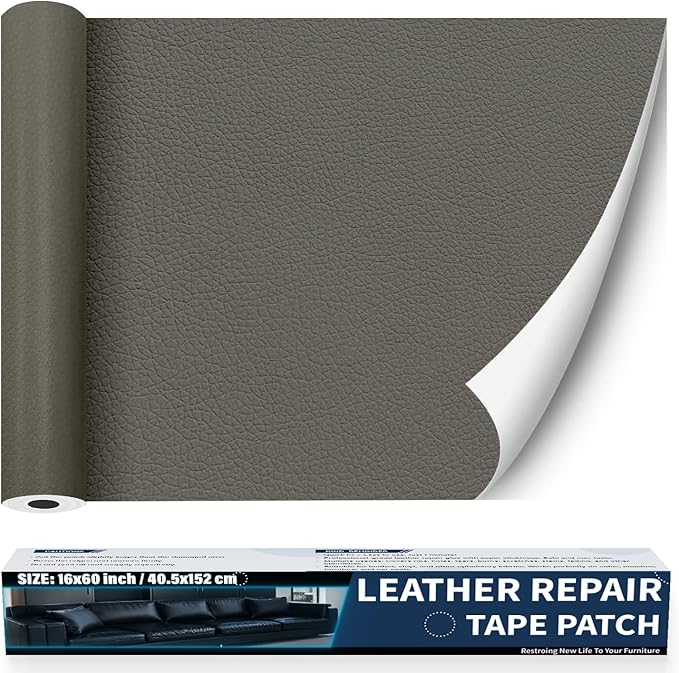 Zenyao Leather Repair Patch Tape - Self Adhesive Leather Repair Kit for Car Seat Furniture, Heavy Duty Vinyl Repair Patch for Couch Sofa, Waterproof Fix for Tears, 16x60 Inch Roll, Light Grey