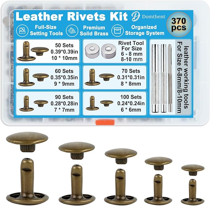 Domthent Leather Rivets Kit, 370 Sets Brass Double Cap Rivets with Full-Size Leather Working Tools for 5 Sizes, Perfect for Leather Crafting, Clothing, Bag, Shoe Repair and DIY Decoration (Bronze)