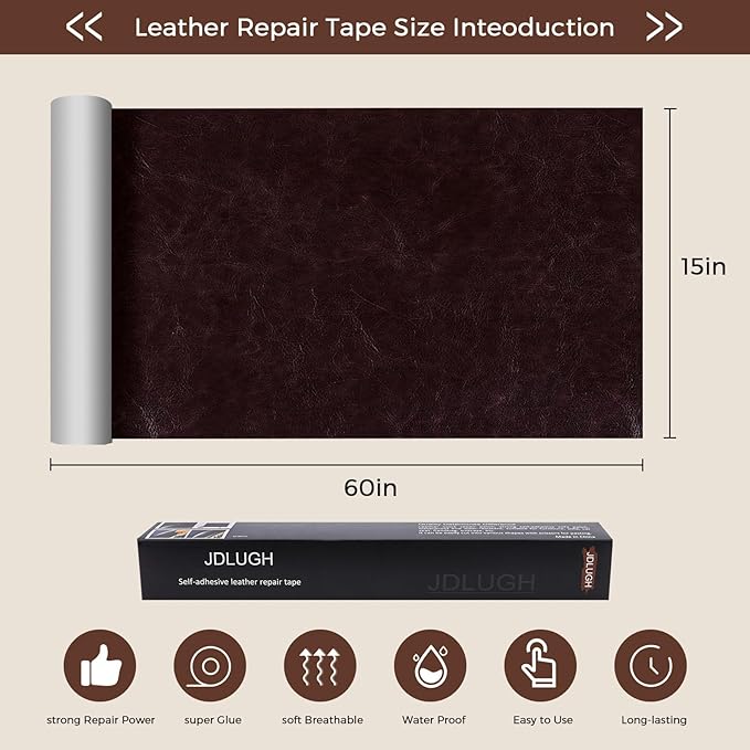 JDLUGH Sofa Leather Repair Patch Tape 15x60 Inch Large Self Adhesive Leather Sofa, Car Seat, Leather Furniture, Vinyl Repair Patch Kit (15x60 Inch, Brownish brown2.0)