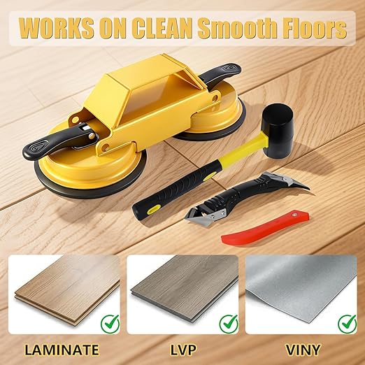 Floor Gap Fixer Kit with Silicone Caulking Tool, Heavy Duty Dual Suction Floor Gap Repair Tool with Hammer, Slot Cutter, Sticky Pads & Sealant Scraper for Hardwood Flooring