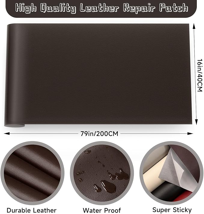 Leather Repair Patch, Self Adhesive Leather Repair, Large Leather Repair Tape for Sofa, Car Seats, Furniture, Cabinets, Chairs, Handbags （Dark Coffee, 16X79 inch)