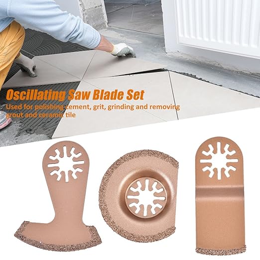 3-Pack Carbide Oscillating Saw Blades Set, Multifunction Tool Blades with Semicircle, E-Shape & Curved Design for Grout Removal, Tile Cutting, Wood and Metal