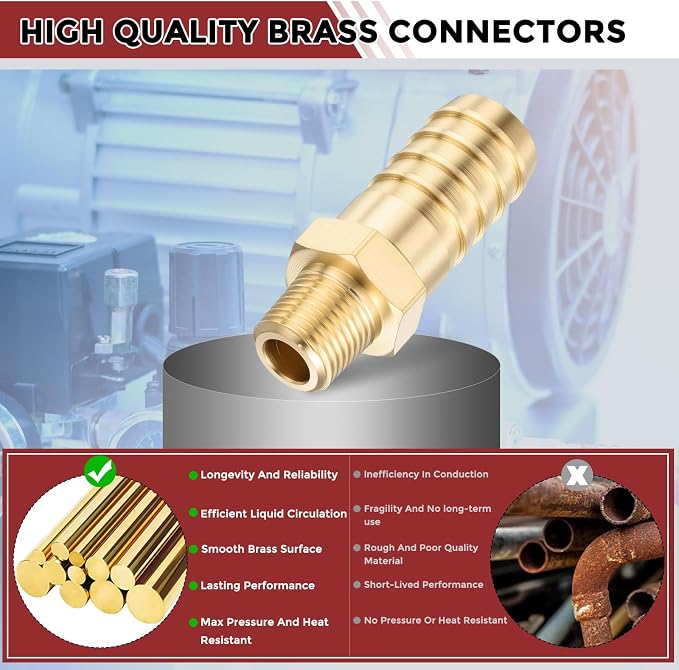 Pack of 6 Brass Hose Barb Fittings Adapter Connector 1/2" Hose Barb to 1/8" NPT Male Fittings for Home Machines, Massage Bathtubs, and Irrigation Systems