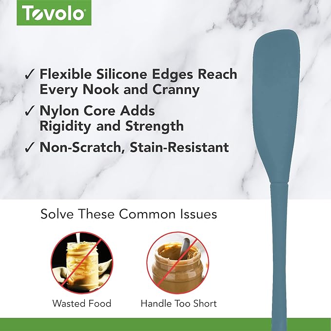 Tovolo Silicone Jar Spatula Long Handled Rubber Scraping Scooping Tool for Peanut Butter Jam Jelly Jars Blenders, Extra Long Flex Core Silicone Jar Scraper Dishwasher Safe BPA Free, Blue Slate