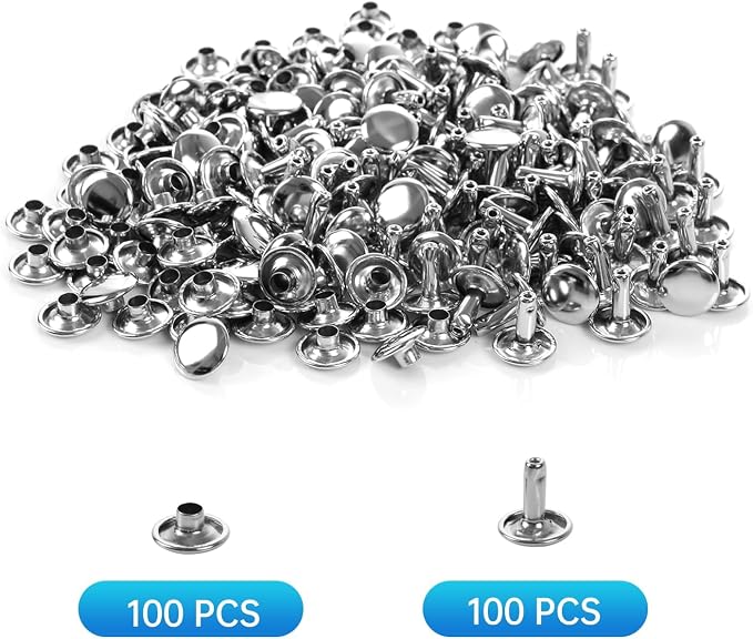 100 Sets Leather Rivets 10x8mm Double Cap Rivets Snaps Metal Studs Fasteners with 3pcs Setting Tools for Leather Craft DIY Repair Decoration, Silver Tone