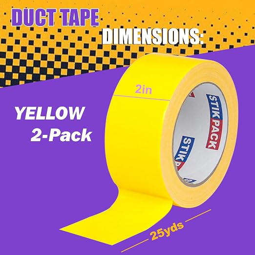 2 Rolls Yellow Duct Tape, Heavy Duty Strong Industrial Colored Duct Tape 9mil x 2inch x 25yds Flexible, No Residue, Waterproof and Tear by Hand, Multi-Use for Indoor & Outdoor Repairs