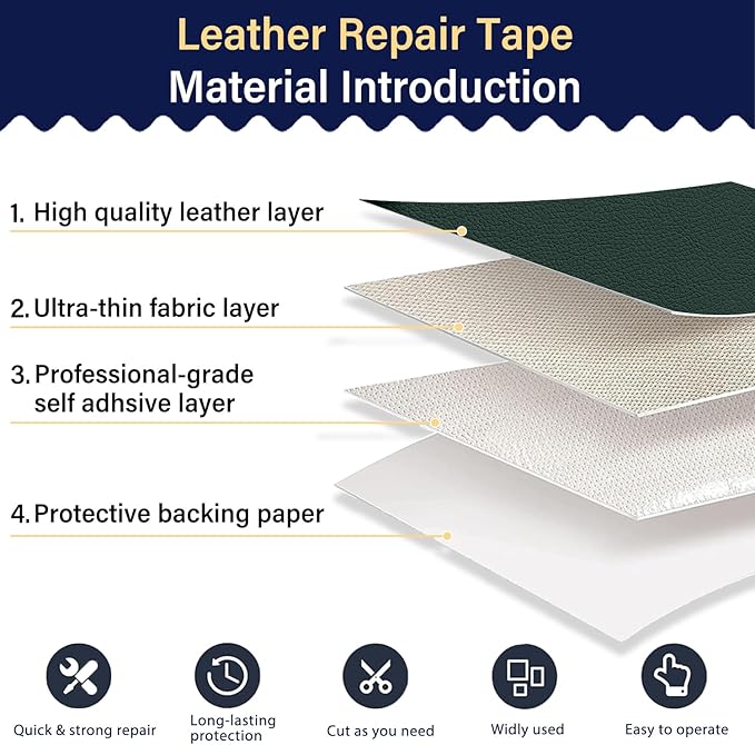 Zenyao Leather Repair Patch Tape - Self Adhesive Leather Repair Kit for Car Seat Furniture, Heavy Duty Vinyl Repair Patch for Couch Sofa, Waterproof Fix for Tears, 3x60 Inch Roll, Dark Green