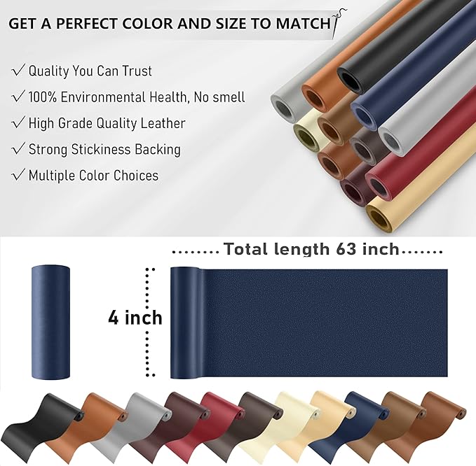 YAFLC Self Adhesive Leather Repair Tape Kit, 4"x 63" Leather Repair Patch for Furniture, Leather Repair Patch for Car seat, Sofas, Couch, Boat Seat Dark Blue
