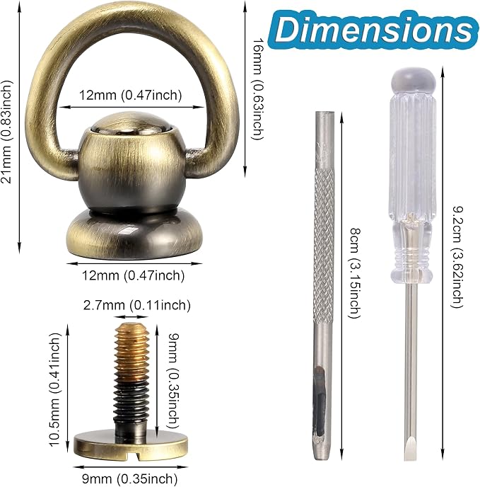 Notgia 4Pcs D Rings for Purse Brass Rivets for Leather Rotatable Purse Strap Hardware Ball Button Studs for Handbag D Rings Chicago Screws for Repair Purse Dog Collar Leather Crafts (Brushed Bronze)