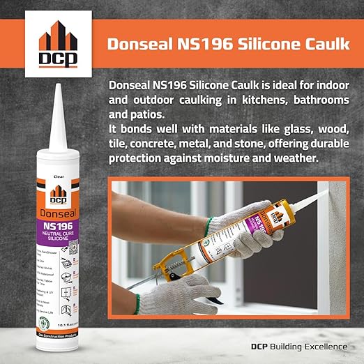 DCP Donseal NS196 Silicone Caulk Sealant 1 Pack – 100% Silicone Tube for Bathroom, Kitchen, Outdoor, Bathtub and Window Seal, 10.1 fl oz – Clear