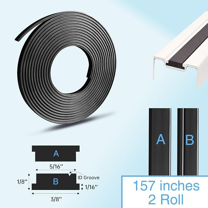 A+B Paired Magnetic Strips for Shower Door Replacement (Non-Adhesive), 13ft 2Rolls, Insert for Framed and Semi-Framed Sliding Glass Doors