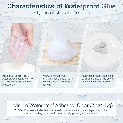 Liquid Waterproof Sealant Crystal Clear 35oz, XUDOAI Indoor Outdoor Water-Based Transparent Waterproof Coating Roof Bathroom Walls Leakage Sealing