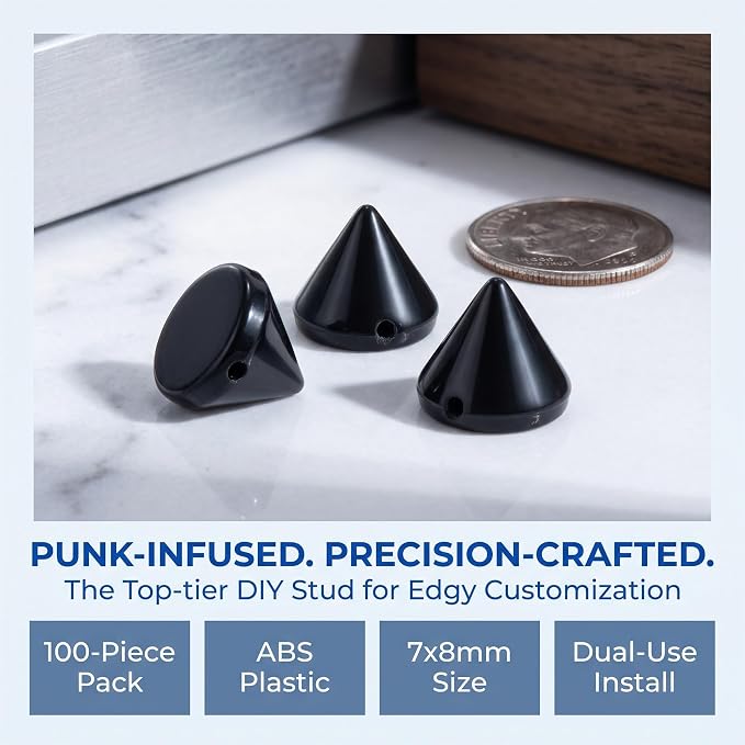 OIIKI 100 PCS 8mm ABS Bullet Spike Cone Studs, Glossy Black | Rivets Cone Spike Studs Beads, Flat Back Punk Spikes DIY Crafts Studs Glue on Decoration for Clothing Leather Belt Bag Trims