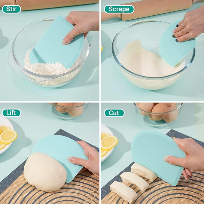Silicone Dough Scraper with Stainless Steel Sheet, Curved Edge Flexible Bowl Scraper for Baking, Food Grade Silicone Bench Scraper for Sourdough Bread Basket, Set of 2, Blue & Mint Green, SAPID