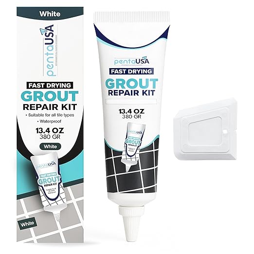 PentaUSA Tile Grout Repair Kit - White Premixed Acrylic Sanded Grout, Water-Resistant Grout Filler for Bathroom&Shower, Kitchen Floor, Fast Drying, with Applicator, 13.4 oz (380g)