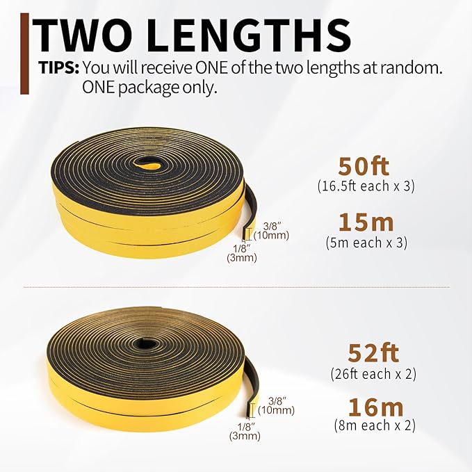 Yotache Foam Seal Tape 3/8" W X 1/8" T (New Adhesive Craft), High Density Adhesive Foam Weather Stripping Seal for Door and Window, 50 Ft Length