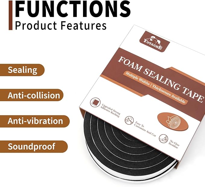 Yotache Foam Seal Tape 1/2" x3/8", Self Adhesive Weather Stripping Insulation Foam Neoprene Weather Stripping, 2 Rolls x 6.5 Feet Each, Total 13 Feet Long