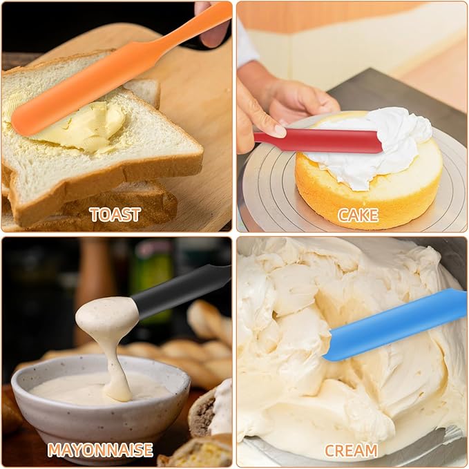 4-Piece Silicone Jar Spatula Set - Long Handle Nonstick Tool for Peanut Butter, Jam, Cake Decorating | Batter Mixing Blade, Flexible Baking & Cooking Utensil (4 Colors)