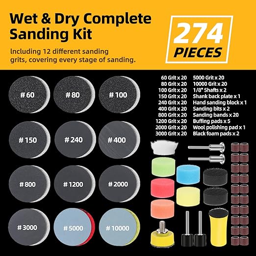 274 PCS 1 Inch Wet Dry Sanding Discs Kit and Drums for Sanding, 60-10000 Grit Hook and Loop Sandpaper for Rotary Tool Accessories, Sanding Pads Polishing Kit for Wood Metal Resin